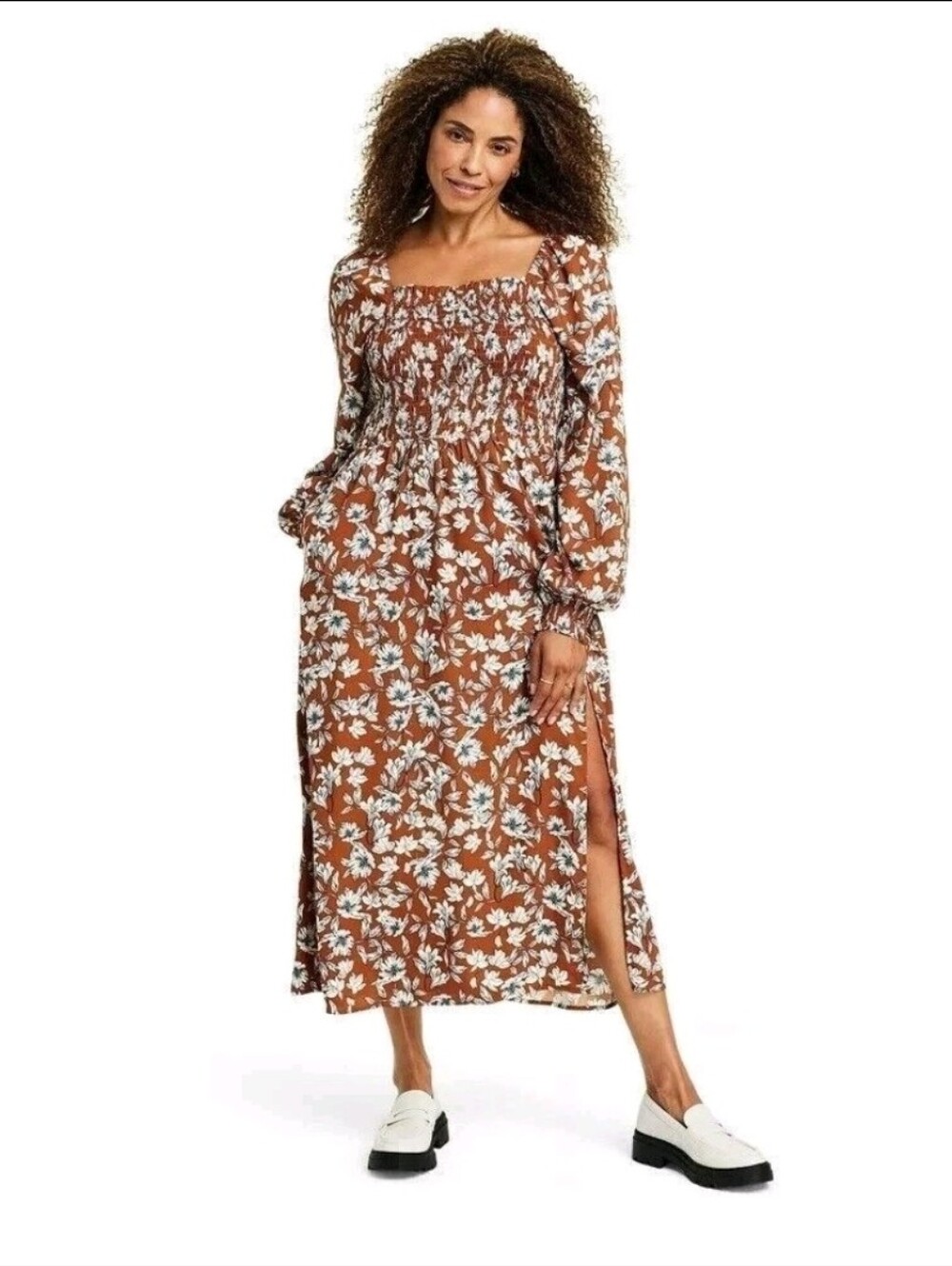 La Ligne x Target Brown Floral Smocked Bodice Midi Dress XL NWT